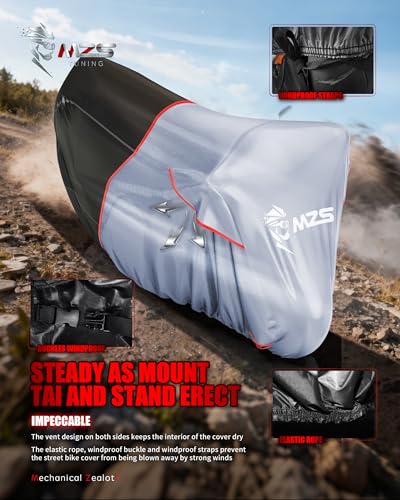 MZS Motorcycle Cover Waterproof Outdoor, Heavy Duty All Season Weather Sun Protection with Storage Bag Vents Night Reflective Cotton Lining Lock Holes fits up to 86" Motorbikes Vehicle Covers - size: Large 86 inches