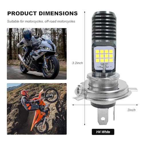 9-16V H4 LED Motorcycle Headlight Bulbs, Super Bright 3030 Chips Bulb Halogen Lamp Replacement, Waterproof High/Low Beam LED Headlight Bulb for Most Motorcycles ATVs (White) - color: H4, White