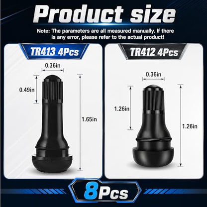 4PCS TR412 + 4PCS TR413 Tubeless Tire Valve Stems, Rubber Snap-in