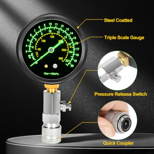 BETOOLL 13PCS Compression Tester Kit with Fluorescent 300PSI Triple-Scale Gauge & 2 Spark Plug Testers, Automotive Engine Cylinder Pressure Gauge for Gas Car Truck ATV Small Engines - size: Fluorescent 300PSI