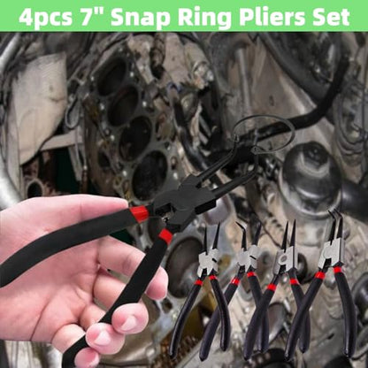 4PC 7" Snap Ring Pliers Set, Internal/External Circlip Pliers Kit with Straight+Bent Jaw Tips, Heavy Duty C Clamp Pliers for Automotive Tools