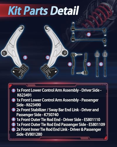 8PCS Front Suspension Control Arms & Steering Kit with Ball Joint, Fit for Ford Edge 2015-2021, Fit for Lincoln MKX 2016-2018, Replaces OE# K623491 K623490 K750740 ES801110 ES801109 EV801122 - size: 8Pcs Control Arm Suspension Kit