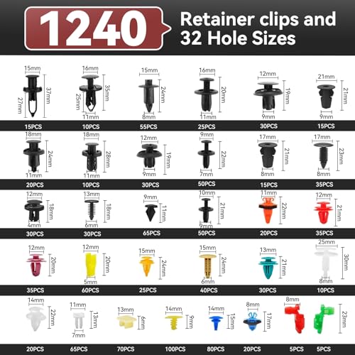 1240PCS Auto Retainer Clips Kit with Trim Removal Tools and 3-Layer Organizer Box, 32 Sizes Push Rivets Fasteners for Car Bumper, Fender, Door Panel and Interior Repair - style: 1240pcs