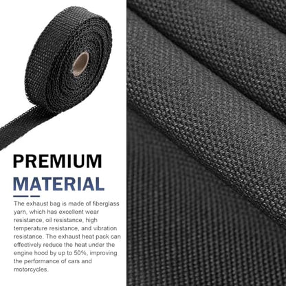 Car Exhaust Heat Wrap, 196" Motorcycle Fiberglass Heat Resistant Fabric Shield Tape, Fiber Heat Insulation Tape, Universal Cuttable Protective Modification (Black)