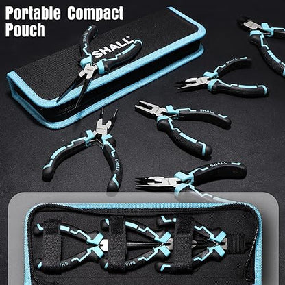SHALL Mini Pliers Set, 6-Piece Small Pliers Tool Set Includes Needle Nose, Long Nose, Bent Nose, Diagonal, End Cutting and Linesman for Making Crafts, Electronic Repairing & Jewelry with Pouch