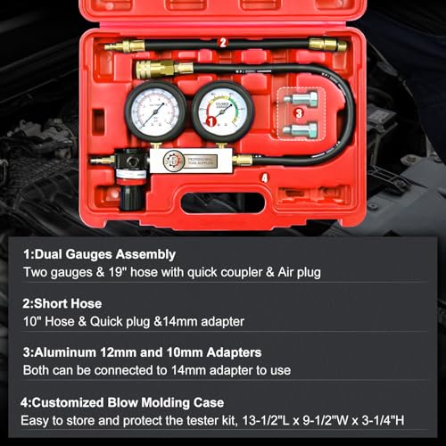 JIFETOR Cylinder Leak Down Tester Kit Professional Dual Pressure Gauges - color: Red