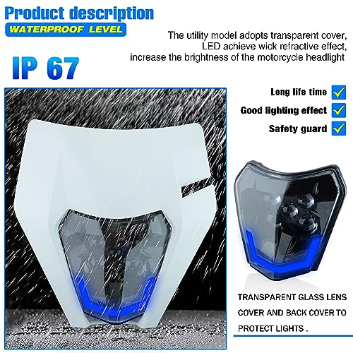 Headlight Head Lamp Light Fairing Mask Day Running Light For ATV Scooters Dirt Pit Bike Enduro (White+Blue DRL) - color: White Blue DRL