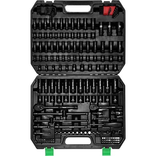 TecoTek 1/4" & 3/8" Dr. Impact Socket Set, 189 Piece Socket Wrench Set Mechanic Tools, Metric and SAE Full Set, CR-V, Deep & Shallow Socket with Ratchet Handle, Spark Plug Socket, Bits for Mechanic - style: 189-Piece 1/4" & 3/8" Drive Socket Set