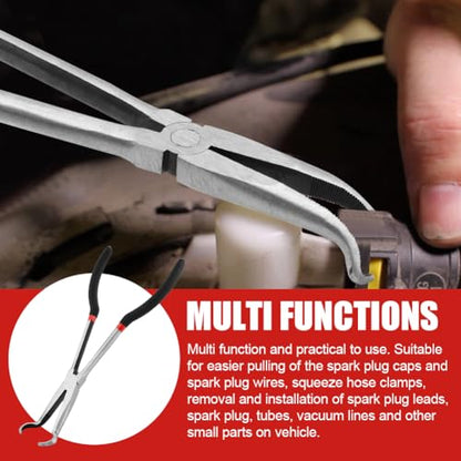 3PCS 11" Long Hose Grip Pliers, 5/16 Inch, 1/2 Inch, 3/4 Inch Ring Nose Hose Gripper Pliers Kit, O-shape Tip Serrated Jaws, Offset Spark Plug Boot Removal Pliers for Narrow Space