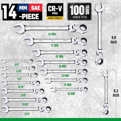 SK Flex Head Ratcheting Wrench Set, SAE 3/8"-3/4", Metric 10-19mm, 14-Piece