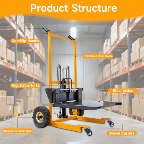 MMS Foldable Hydraulic Material Lift Winch Stacker, 450 Lbs 35.8" Max Lift w/ 9" Wheels 360° Swivel Casters, Pallet Truck Dolly, Fork Lift Table Cart, Pallet Jack, Removable Platform, Adjustable Forks