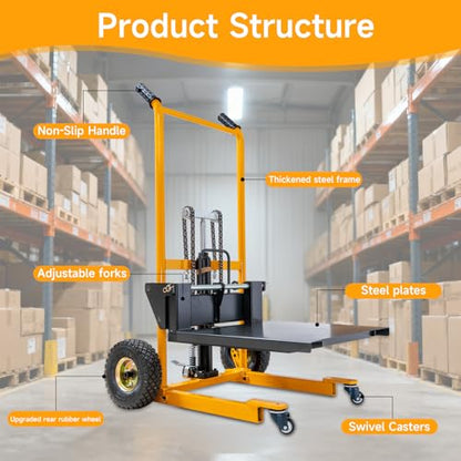 MMS Foldable Hydraulic Material Lift Winch Stacker, 450 Lbs 35.8" Max Lift w/ 9" Wheels 360° Swivel Casters, Pallet Truck Dolly, Fork Lift Table Cart, Pallet Jack, Removable Platform, Adjustable Forks