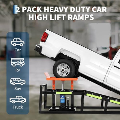 5 Ton Hydraulic Car Ramps, Heavy Duty Vehicle Lift with Reflective Strips for Night Use, Low Profile Adjustable Height 9.8" to 15", Portable Auto Service Ramps for Oil Changes Garage&Truck Maintenance