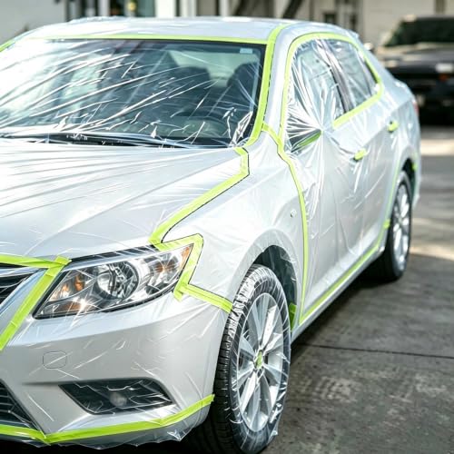 Pre-Taped Masking Film 3 Rolls 22" x 66' Automotive Painters Tape and Plastic Painting Film for Covering Cars Walls Windows and Floor Furniture Protection