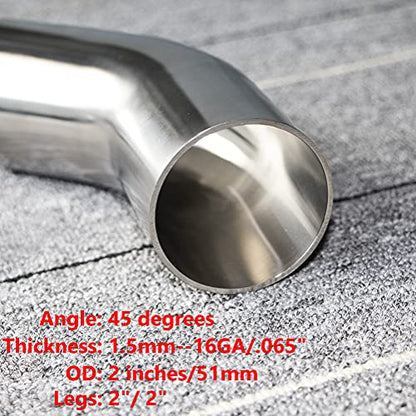2" Stainless Steel Elbow 45° Mandrel Bend Elbow - 1.5D/3" CLR Loose Radius - 16GA/.065" Wall - 2" Legs - SS304 Stainless Elbow for Car Modified Exhaust Elbow Pipe, Pipeline engineering, etc - size: OD: 2"