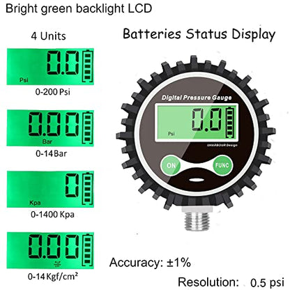Uharbour Digital Air Pressure Gauge 5-200psi, 1/4" NPT Bottom - size: 5-200PSI