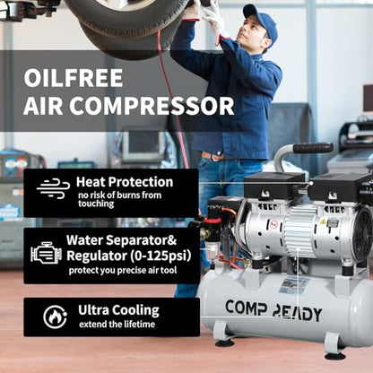 8 Gallon Portable Air Compressor 1HP 2.5 CFM@90PSI 60dB Ultra Quiet Oil Free Air Compressor Ideal for Tire Inflation Pneumatic Tool Spray Painting