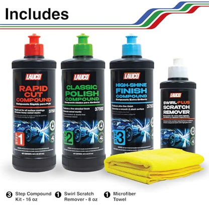 LAUCO Paint Correction Compounds Step 1, 2, 3 – 16oz, Swirl Remover 8oz Kits, with a Towel, Silicone-Free, Clear Coat Safe Scratch Remover, Swirl Correction & High Gloss Finishing 36424 - style: Combo–16oz