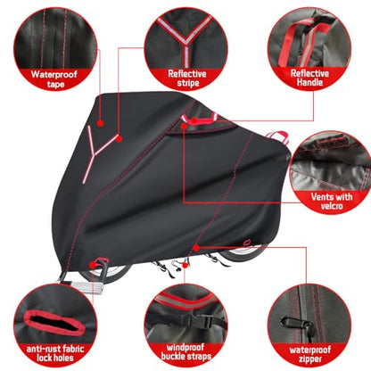 800D Heavy Duty Motorcycle Cover, Outdoor Storage Moped Covers, All-Weather Universal Waterproof Scooter Cover with 3 Reflective Handle、2 pairs Lock Holes and 3 Fixed Buckles - 87" x 37" x 40" - size: (L) 87" x 37" x 40"