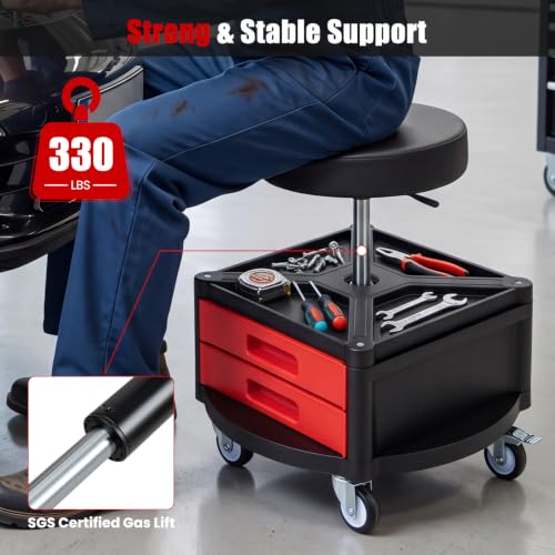 Goplus Rolling Mechanic Stool with Cushioned Seat, 3 Drawers - color: Red, size: Tool Chest