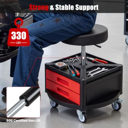 Goplus Rolling Mechanic Stool with Cushioned Seat, 3 Drawers - color: Red, size: Tool Chest