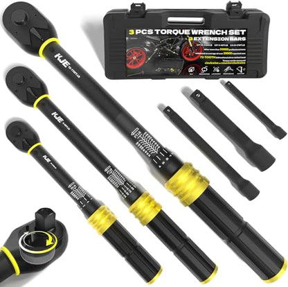 KJE 3PCS Torque Wrench Set, 1/4 & 3/8 & 1/2-Inch Drive 72-Tooth Adjustable Click Torque Wrenches, Maximum 170 ft.lb, Dual-Scales/Direction, ±3% Accuracy, For Bike, Motorcycle, Car, Lug nut, Automotive