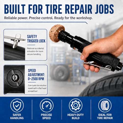 Air Tire Buffer Repair Kit, 2500 RPM Low Speed Pneumatic Buffer with Tungsten Steel Grinding Heads, Patch Roller, Inner Liner Scraper, Air Hose and Chucks for Tire Patch Prep