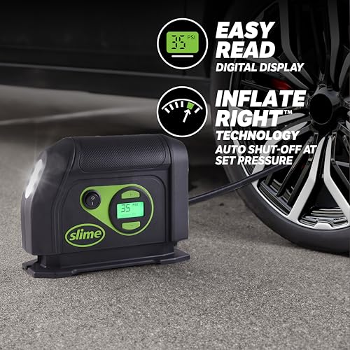Slime 40088 Tire Inflator, Portable Car Air Compressor, Inflate Right automatic shut off, with Digital 99 psi Display, Long Hose and LED Light, 12V, 6 min inflation - style: Digital Tire Inflator