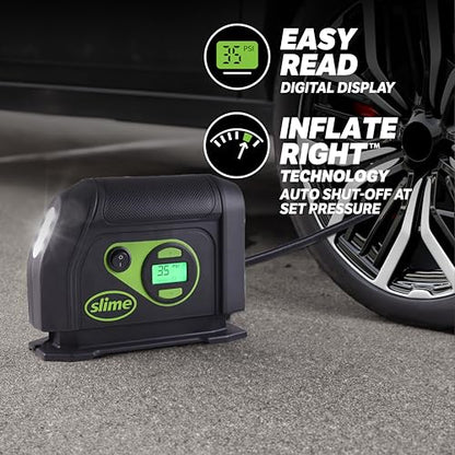 Slime 40088 Tire Inflator, Portable Car Air Compressor, Inflate Right automatic shut off, with Digital 99 psi Display, Long Hose and LED Light, 12V, 6 min inflation - style: Digital Tire Inflator