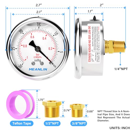 MEANLIN MEASURE -30inHG~0Psi Stainless Steel 1/4" NPT 2.5" FACE DIAL Vacuum Pressure Gauge, Center Back Mount, with 1/2" NPT and 3/8" NPT Hex Bushing - size: -30inHG-0Psi