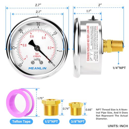MEANLIN MEASURE -30inHG~0Psi Stainless Steel 1/4" NPT 2.5" FACE DIAL Vacuum Pressure Gauge, Center Back Mount, with 1/2" NPT and 3/8" NPT Hex Bushing - size: -30inHG-0Psi