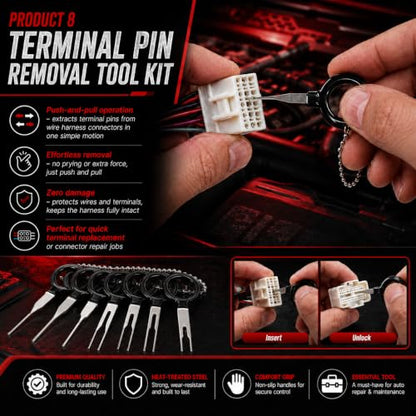 Electrical Disconnect Pliers Kit, 8Pcs Auto Kit: Connector/Hose/Plug Pliers, Pin Remover, Separator, Spring Clamp, U-Clip Pry Bar & Hose Removers for Car & Home Repairs. Great Gift & DIYers w/Case
