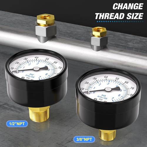 MEANLIN MEASURE 0-100Psi 2" DIAL FACE 1/4" NPT Well Pump Pressure Gauge, with 1/2" NPT and 3/8" NPT Hex Bushing, 3-2-3% Accuracy, Center Back Mount - color: 1/4"NPT Back Mount, size: 0-100Psi