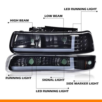 G-PLUS LED DRL Headlights, Compatible with 1999-2002 Chevy Silverado/2001-2002 Silverado 1500HD 2500HD/00-06 Tahoe Suburban 1500 2500, Bumper Headlamps, 2Pcs Smoky (Left+Right) - size: [LED Black] 1999-2002 Silverado