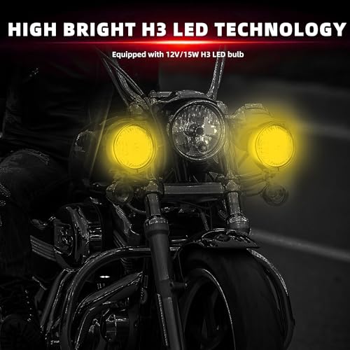 FATECIM 4.5” Motorcycle H3 LED Fog Lights Passing Lamps Driving Auxiliary Lights Spotlights + Housing Bucket with Tri Bar Visor for Harley Honda Kawasaki Suzuki Yamaha Cruiser Chopper Bobber Chrome - color: Chrome / Amber Lens