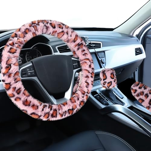 Accmor Fuzzy Steering Wheel Cover, Universal Fit Fur Car Wheel Cover & Handbrake Cover & Gear Shift Cover Set for Women Girls, Leopard Winter Warm Fluffy Vehicle Wheel Protector for Auto, SUV (Pink) - color: Pink/Brown Leopard