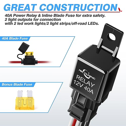 MICTUNING MIC-B1002 LED Light Bar Wiring Harness, Fuse 40A Relay On-off Waterproof Switch