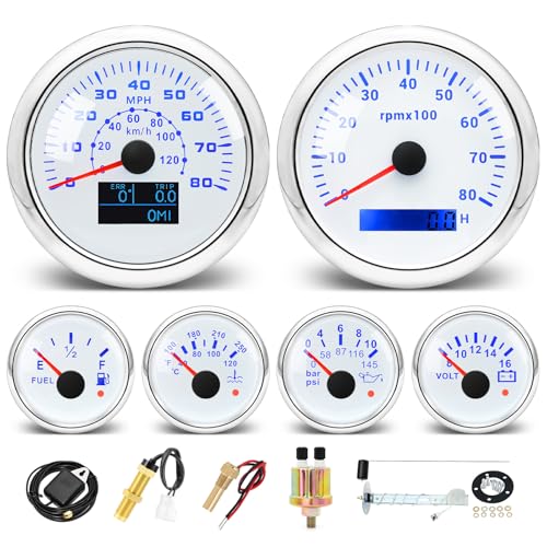 MH 6 AUTO Boat Gauge Set - 3-3/8" 80MPH & 120KM GPS Speedometer, Tachometer, 2-1/16" Oil Pressure Gauge, Fuel Level, Water Temperature, Voltmeter Alarm Marine Meter Kit with Sensor(White) - color: White