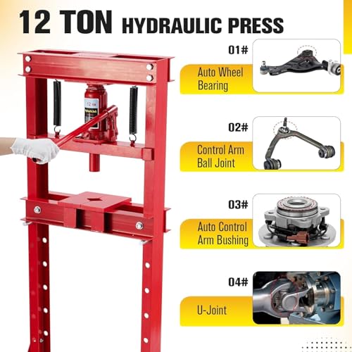 12T Hydraulic Press, Heavy-Duty h-Frame Garage Floor Hydraulic Shop Press - color: Red
