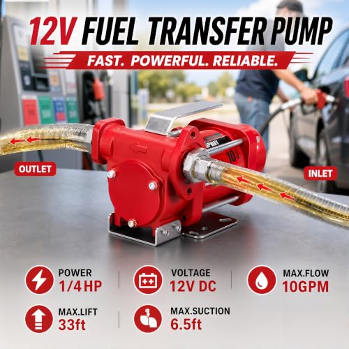 TOPWAY 12V DC Gasoline Fuel Pump 10GPM Self-priming Oil Transfer Pump With Handle, Overheat Protection, Explosion-Proof, Built-in Bypass, for Gasoline Fuel Diesel Kerosene Removal,Red - style: 12V 10GPM