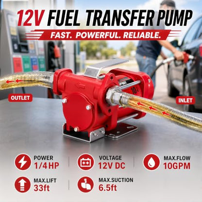 TOPWAY 12V DC Gasoline Fuel Pump 10GPM Self-priming Oil Transfer Pump With Handle, Overheat Protection, Explosion-Proof, Built-in Bypass, for Gasoline Fuel Diesel Kerosene Removal,Red - style: 12V 10GPM