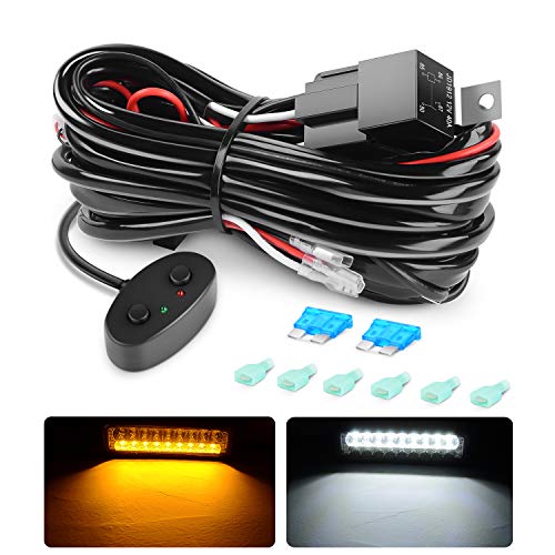 Nilight 10031W Amber White Dual Color Light Bar Wiring Harness Kit 16AWG with 12V Relay 15A Inline Blade Fuse Push Button Switch for Offroad Driving Light, 2 Leads - color: 16AWG Amber White Dual Color Push Button Switch Wiring Harness-2 Leads