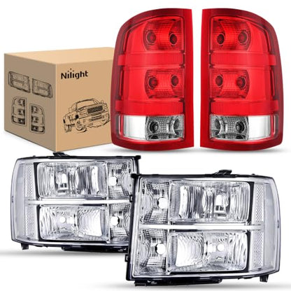 Nilight Headlight and Taillight Combo for 2007-2013 GMC Sierra 1500 - color: Chrome Housing + Clear Reflector w/Tailight