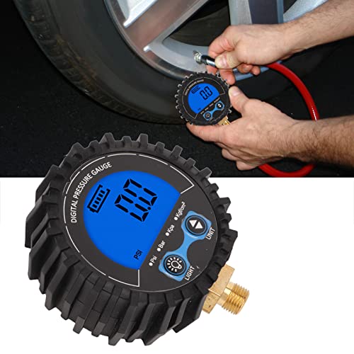 LCD Display Digital Tire Pressure Gauge, Four Unit 3?200PSI Wheel Tyre Air Inflator Monitoring Tester M11x1 Thread Blue Backlight Inflator Tool