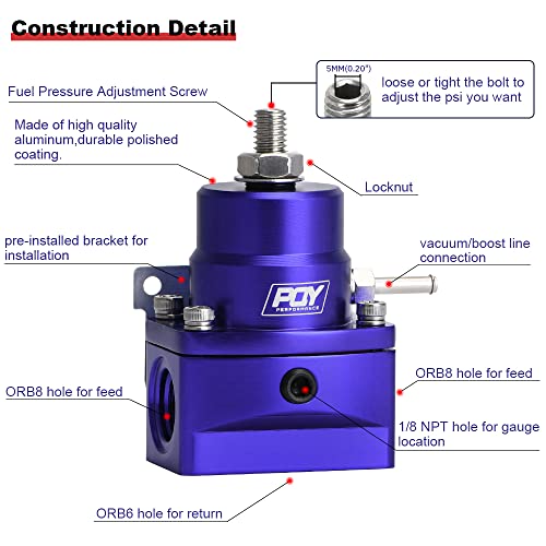 EFI Fuel Pressure Regulator Kit AN8 Feed AN6 Return + 0-160PSI Gauge - color: blue