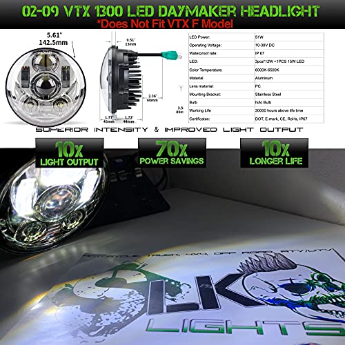 SLK-Lights VTX 5.75 inch Chrome Round LED Projector Daymaker Headlight with Bracket and Hardware - Easy to Install, Plug and Play Motorcycle Headlight for Honda VTX 1300, 1800 - color: Chrome