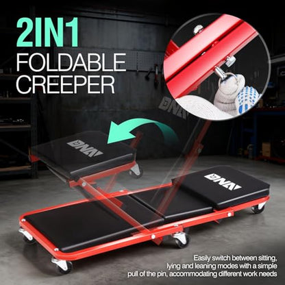 ‎DNA MOTORING TOOLS-00184 36 Inches 2 IN 1 Rolling Folding Car Creeper/Seat, 6 Pcs 2" Casters, 150kg Weight Capacity, Red - color: Red, size: 36 Inches