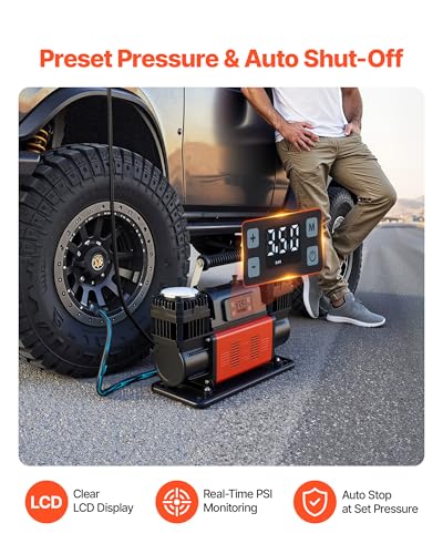 VEVOR Dual-Cylinder Heavy Duty Air Compressor, 10.6CFM Auto-Stop Portable Tire Inflator, 12V 150PSI Offroad Air Pump with LCD Digital Display & Adapters for Truck Car SUV 4 x 4 Vehicle RV - size: 14.37 x 5.91 x 8.94 inch