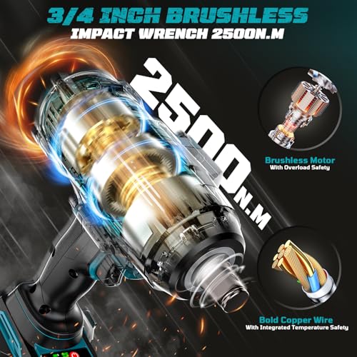 Cordless Impact Wrench 3/4 inch Compatible with Makita 18V Battery, Cerycose1850ft-lbs (2500N.m) Brushless Electric Impact Gun, High Torque Impact Driver, for Heavy-Duty Automotive & Industrial Tasks - size: 3/4inch, style: 3/4 inch compatible with Makita