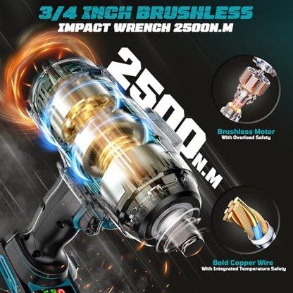 Cordless Impact Wrench 3/4 inch Compatible with Makita 18V Battery, Cerycose1850ft-lbs (2500N.m) Brushless Electric Impact Gun, High Torque Impact Driver, for Heavy-Duty Automotive & Industrial Tasks - size: 3/4inch, style: 3/4 inch compatible with Makita